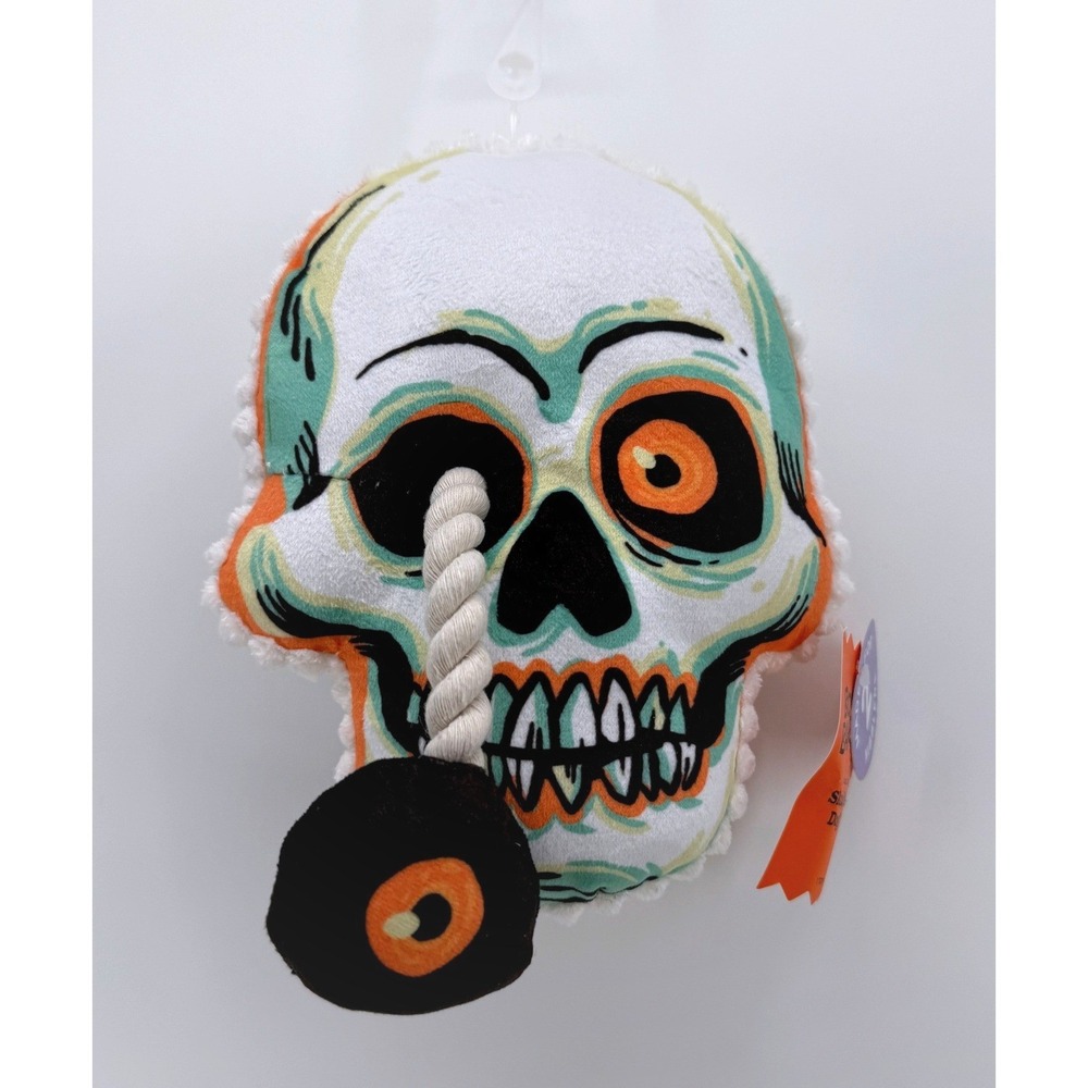 Boots & Barkley Halloween Skull Dog Toy Plush Squeaky Rope Eyeball White Orange